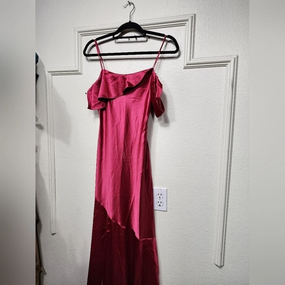 Lulus Enchanting Aesthetic Magenta Satin Asymmetrical Maxi Dress S Wedding Prom